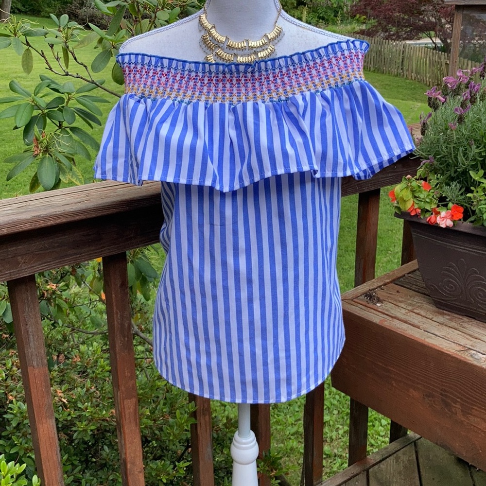 Primark Off Shoulder Stitched Ruffle Striped Top EUC